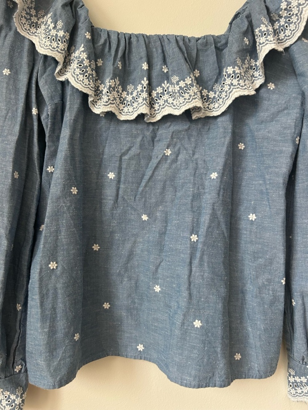 Sezane Francesca Chambray Blouse Blue White Embroidered Off Shoulder Ruffle Top - Picture 4 of 12